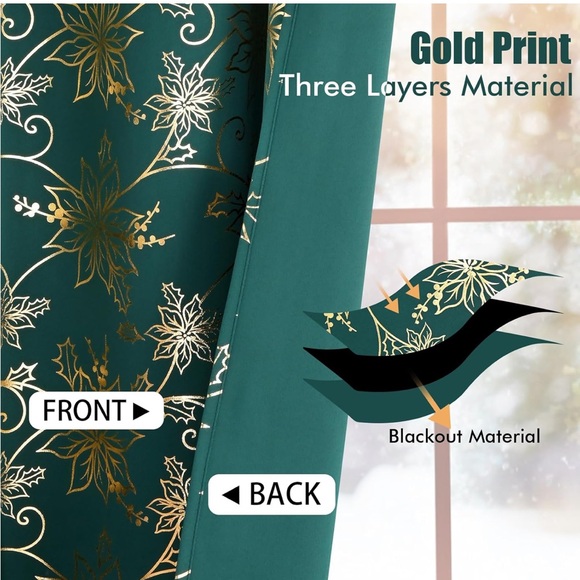 Christmas Curtains Silver Floral 52" x 84", Green, 2 Panels - Picture 3 of 6